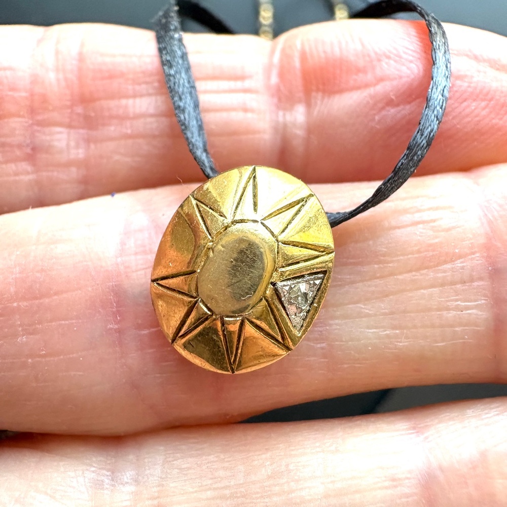 necklace pendant sun marcasite gold square mini ribbon cord  handmade vintage